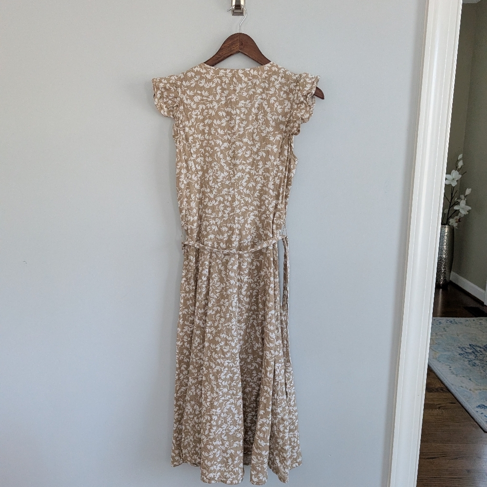 Women's Tommy Hilfiger 4 Dress Tan Floral Flutter Sleeve Midi Buttons - Picture 3 of 6
